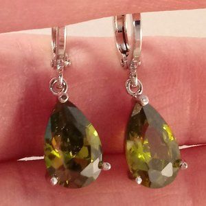 18K White Gold Filled Peridot Olive Green Pear Diamond Zircon Dangle Earrings